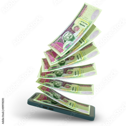 3D rending of Mongolian tugrik togrog notes inside a mobile phone. money coming out of mobile phone photo