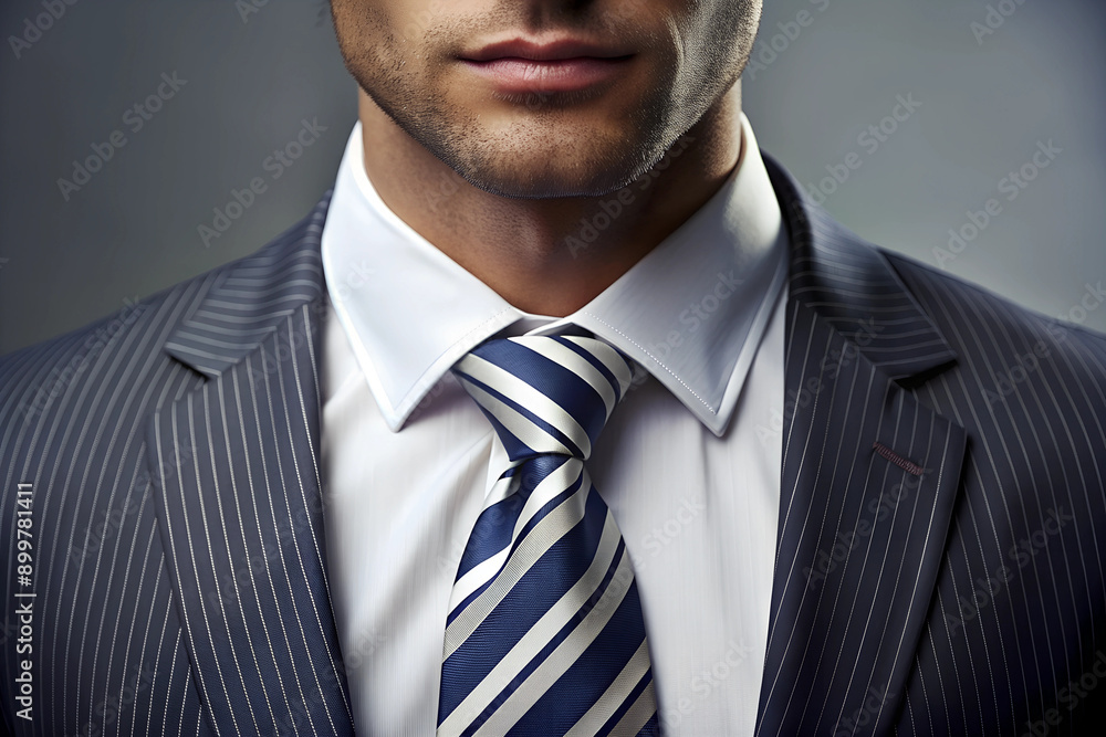 A close-up of the neck and shoulders, showing an elegant man in formal attire with white shirt and striped tie The focus is on his confident posture as he poses for camera Generative AI A close-up of the neck and shoulders, showing an elegant man in formal attire with white shirt and striped tie The focus is on his confident posture as he poses for camera Generative AI