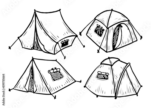 Set of tourist tents hand drawn in doodle style. Camping. A folding house for spending the night and relaxing in the mountain forest. Tent camp in nature. Vector line art illustration.