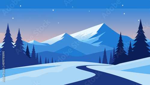 Illustration of a snowy winter scene in a lowland area with trees
