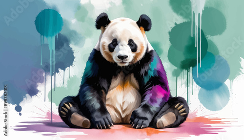 Colorful Panda Bear Sitting on Pink Ground with Abstract Background