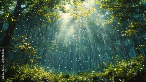 Sunlight Through the Rain in the Forest