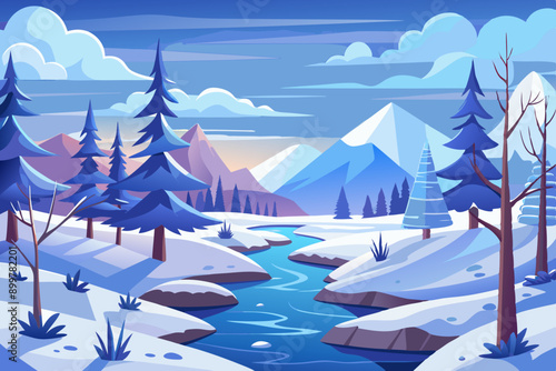 Illustration of a snowy winter scene in a lowland area with trees