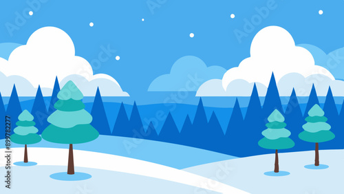 Illustration of a snowy winter scene in a lowland area with trees