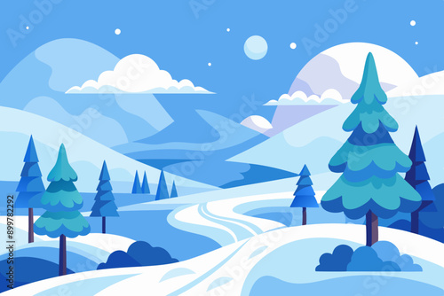 Illustration of a snowy winter scene in a lowland area with trees
