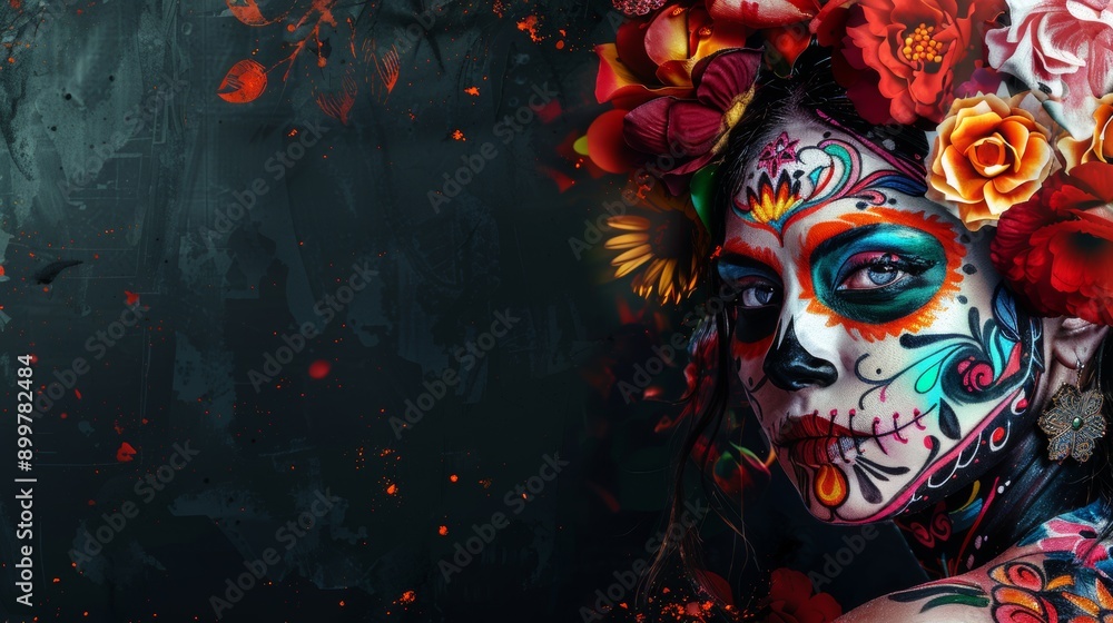 Mexican woman with Day of the Dead makeup, flowers, skull on gray or black background, Mexican holiday Mexican woman with Day of the Dead makeup, flowers, skull on gray or black background, Mexican holiday