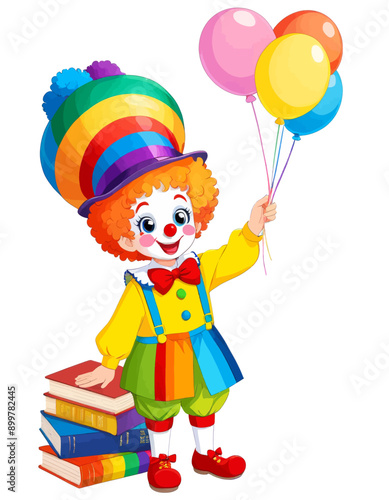 Colorful Clown with Books and Balloons