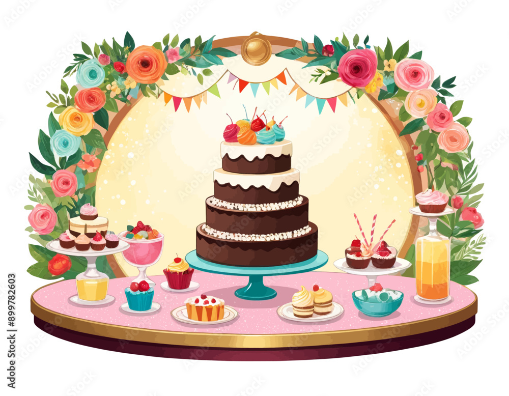Colorful Cake Display with Various Desserts and Pastries Colorful Cake Display with Various Desserts and Pastries