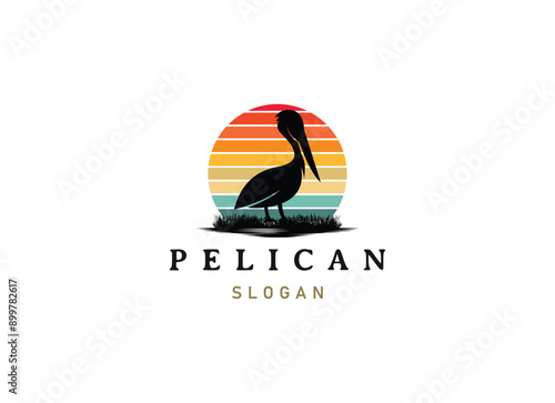 Pelican bird logo vintage with grass and wild logo design.