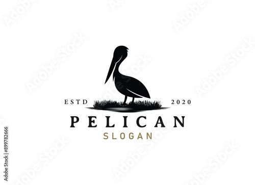 Pelican bird logo vintage with grass and wild logo design.