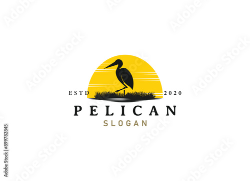 Pelican bird logo vintage with grass and wild logo design.