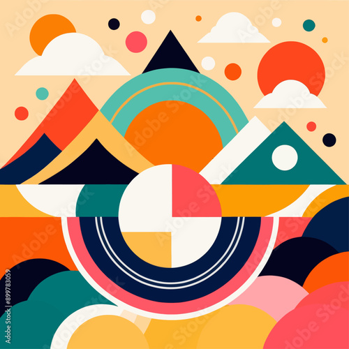 Colorful Abstract Geometric Design with Mountains, Clouds, and Circles