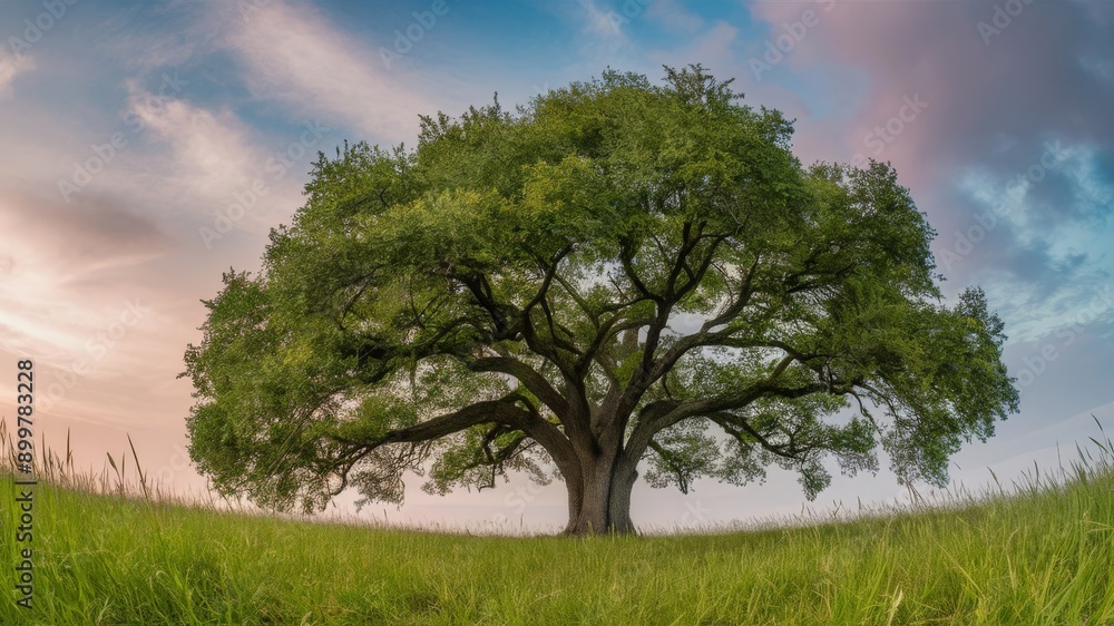 Obraz premium landscape of a large green oak tree on an empty field against the sky on a clear day