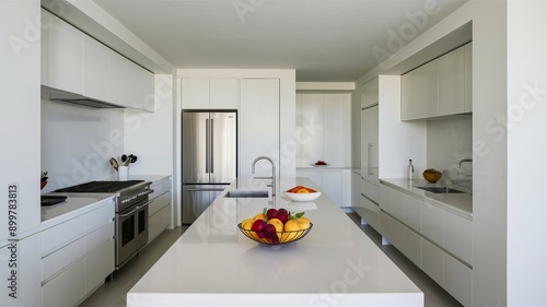 Wallpaper Mural Modern kitchen with appliances, clean countertop, cooking utensils, and fresh fruits. Bright, airy atmosphere with neutral tones. Ideal for lifestyle and cooking. Torontodigital.ca