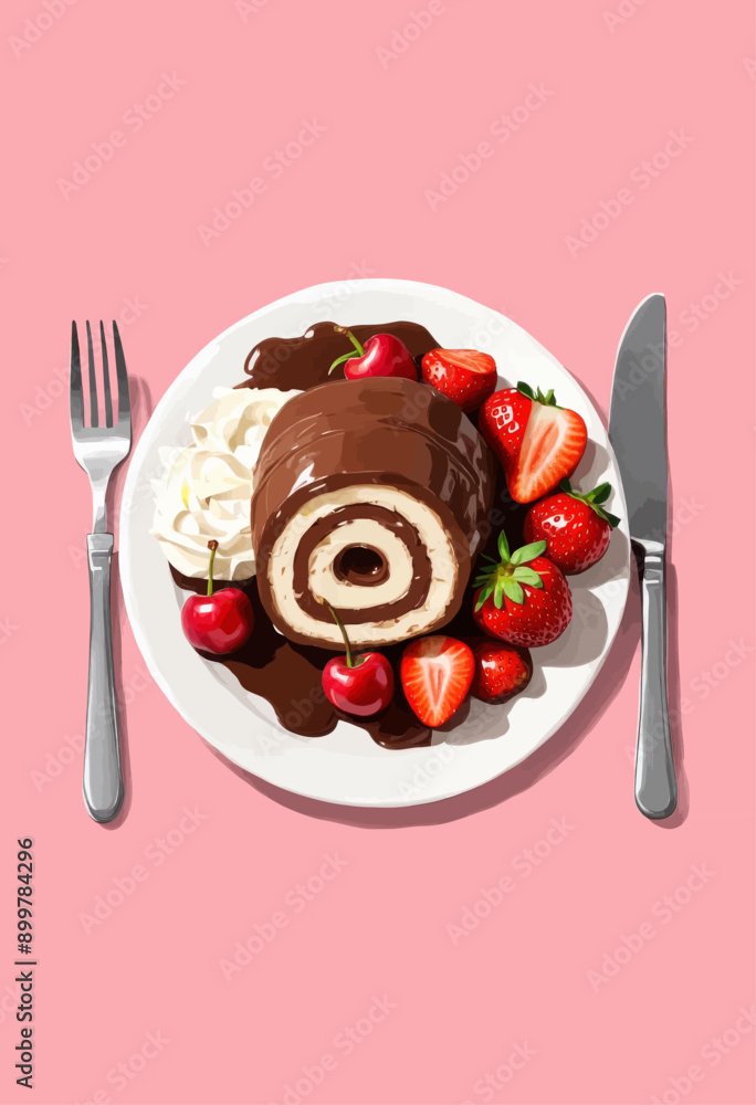 Chocolate-covered cake with strawberries and whipped cream, served on a white plate with silverware, on a pink background Chocolate-covered cake with strawberries and whipped cream, served on a white plate with silverware, on a pink background