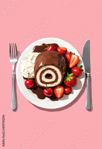 Chocolate-covered cake with strawberries and whipped cream, served on a white plate with silverware, on a pink background
