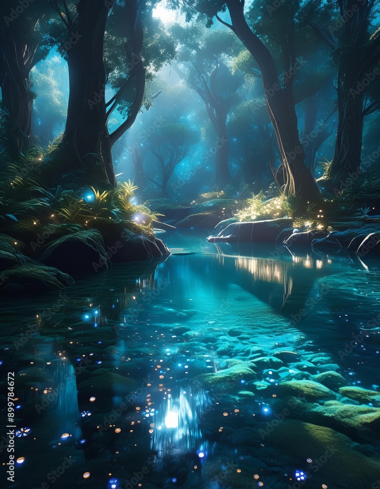A mystical forest stream glows with an ethereal light A mystical forest stream glows with an ethereal light