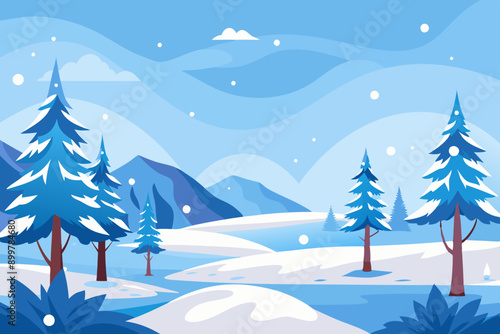 Illustration of a snowy winter scene in a lowland area with trees