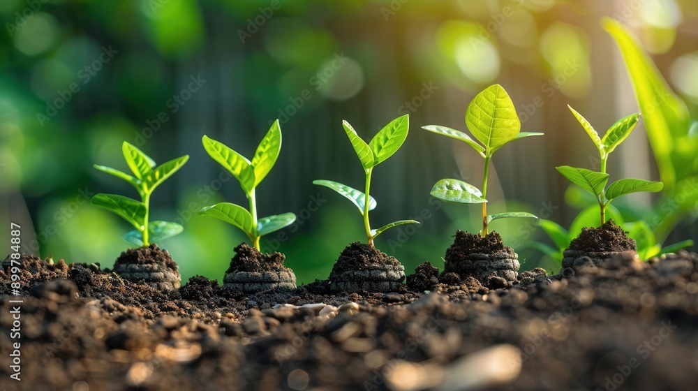 Fototapeta premium A row of young green plants growing in rich soil, symbolizing growth, life, and sustainability.
