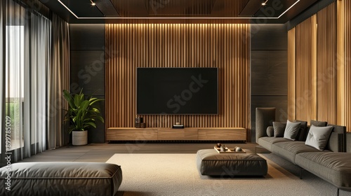 Modern television room with wood panel walls