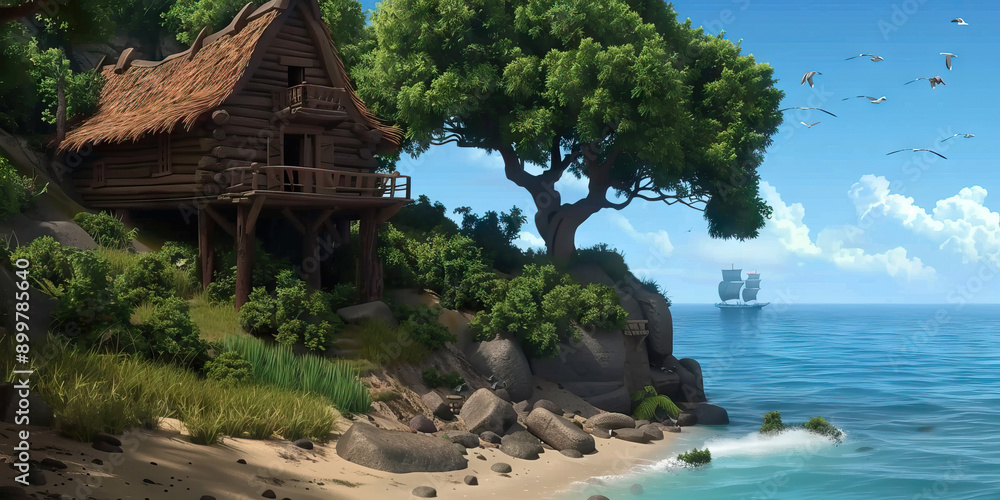 Fototapeta premium Reflective Sanctuary: A cozy cabin perched on a hillside, surrounded by lush vegetation and overlooking the vast ocean