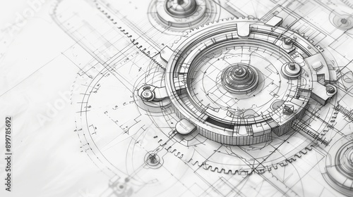 A detailed engineering blueprint featuring a gear assembly and various technical details. The monochrome design emphasizes the precision and complexity of mechanical engineering, ideal for industrial