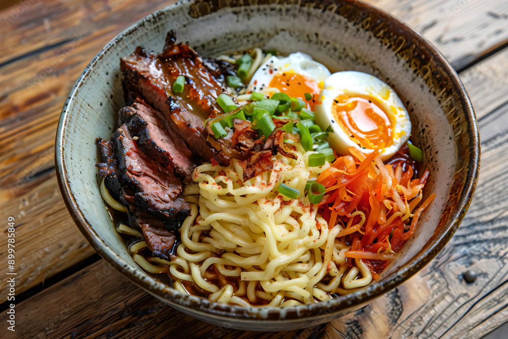 Delicious Beef Ramen Bowl with Egg and Vegetables. Delicious Beef Ramen Bowl with Egg and Vegetables.
