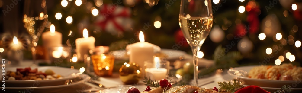 Festive table with traditional Christmas and New Year dishes, decorated with candles and fir branches Festive table with traditional Christmas and New Year dishes, decorated with candles and fir branches