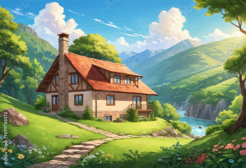 Charming European-style cottage nestled in a verdant valley with stunning mountain backdrop