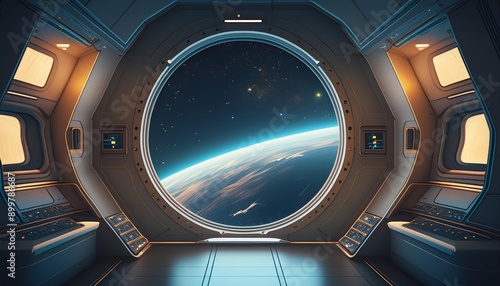 Fototapeta Naklejka Na Ścianę i Meble -  A spaceship s interior with a large window revealing a view of Earth from space