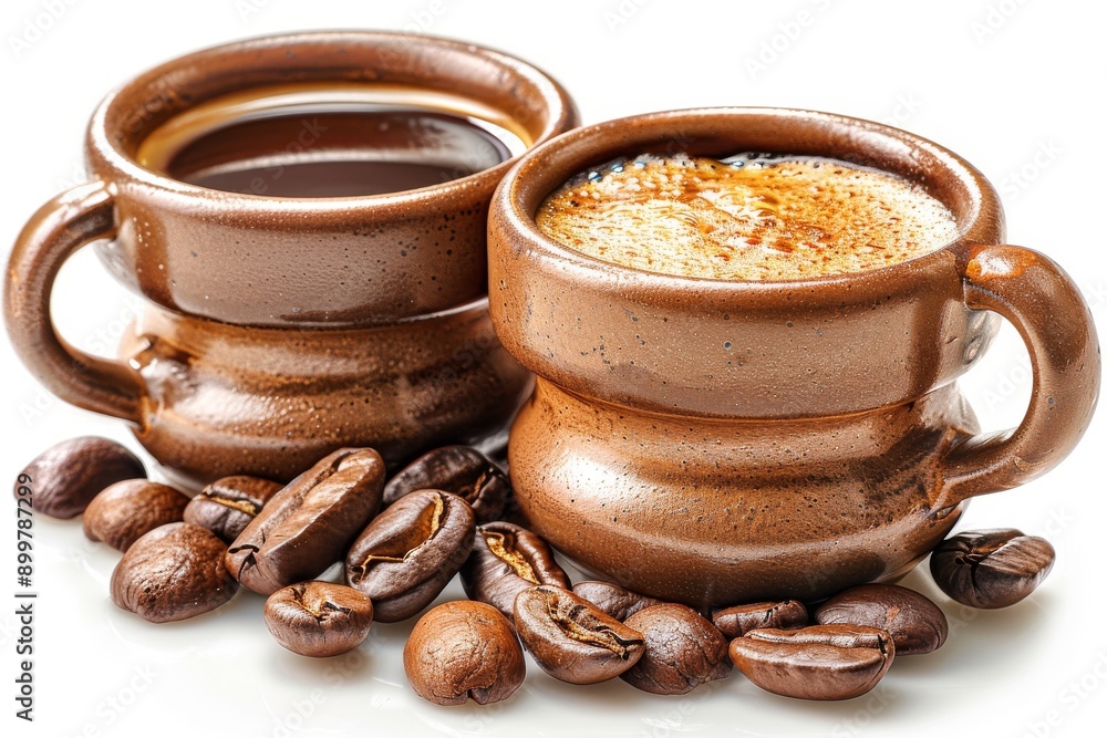 Pair of brown ceramic coffee cups with beans captured in natural lighting perfect for rustic and homely settings evokes warmth and earthy tones Pair of brown ceramic coffee cups with beans captured in natural lighting perfect for rustic and homely settings evokes warmth and earthy tones