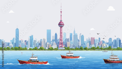 Bright City Skyline with Boats on River