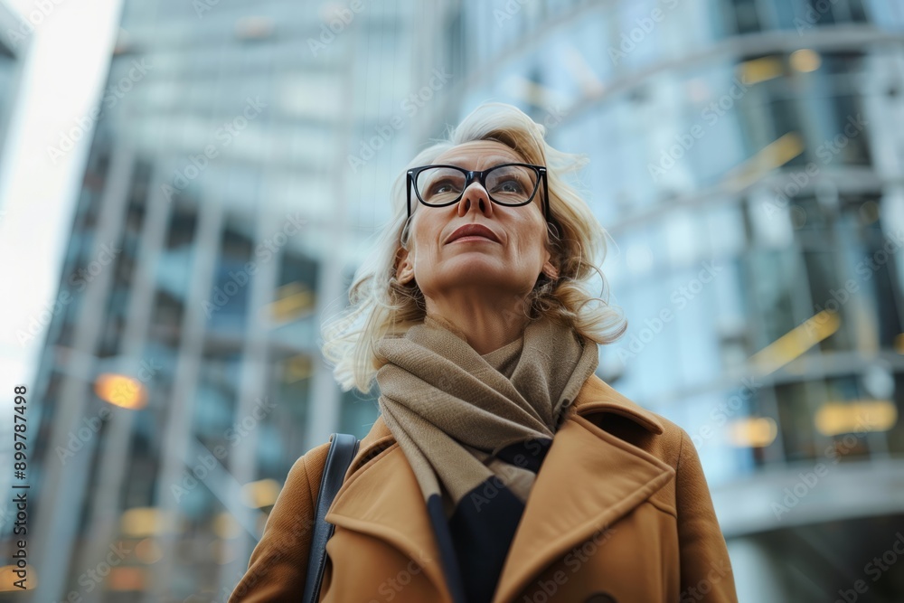 Fototapeta premium Commuting Businesswoman Seen from a Low Angle, generative ai