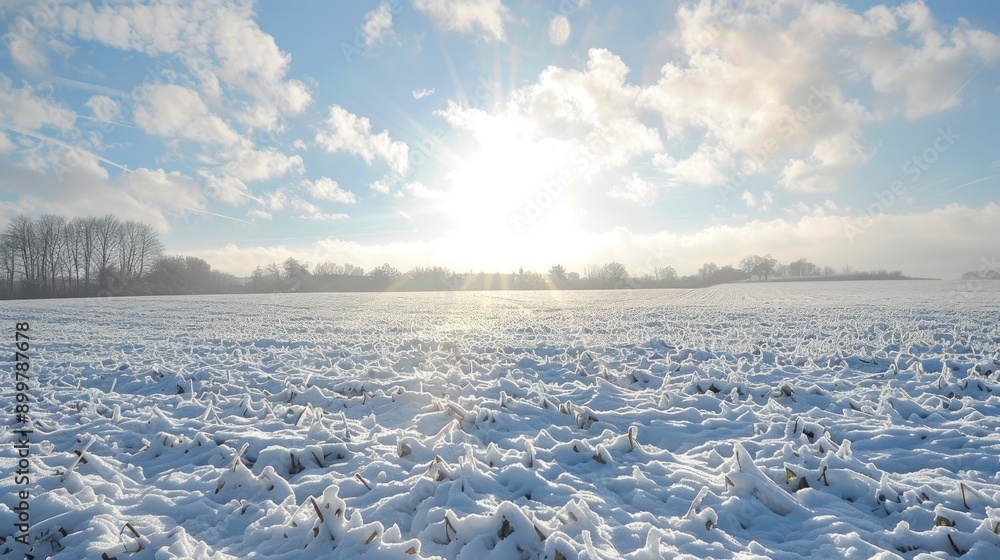Snow covered field with obscured sun Snow covered field with obscured sun