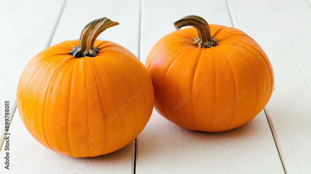 A collection of orange and white pumpkins is arranged with vibrant autumn leaves on a weathered wooden surface