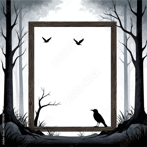 Black and White Forest Scene with Birds and Trees