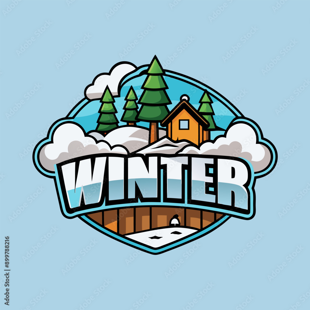Obraz premium Flat Illustration winter season with home and tree blue snow for your child book, cover book design