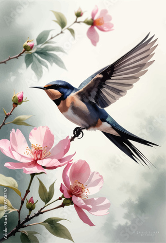 Bird in Flight with Pink Flowers