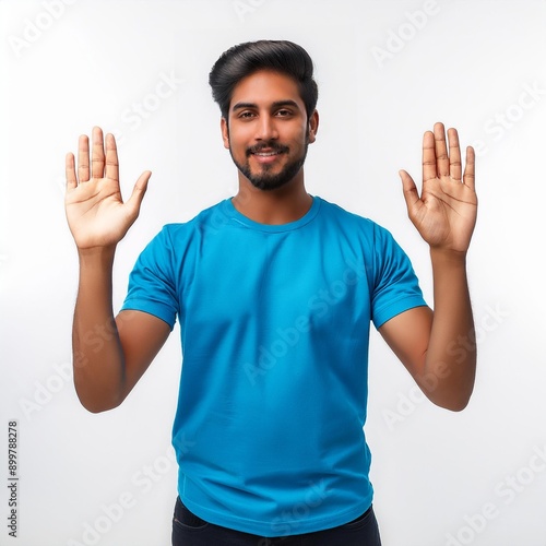 A handsome young indian man with high-five Hand Gestures on white background.