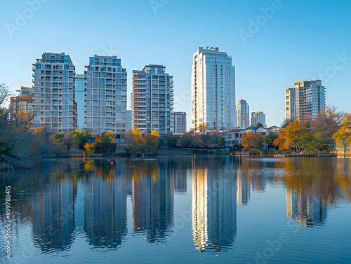 Serene Cityscape Reflecting on Calm River with Towering Skyscrapers and Picturesque Skyline