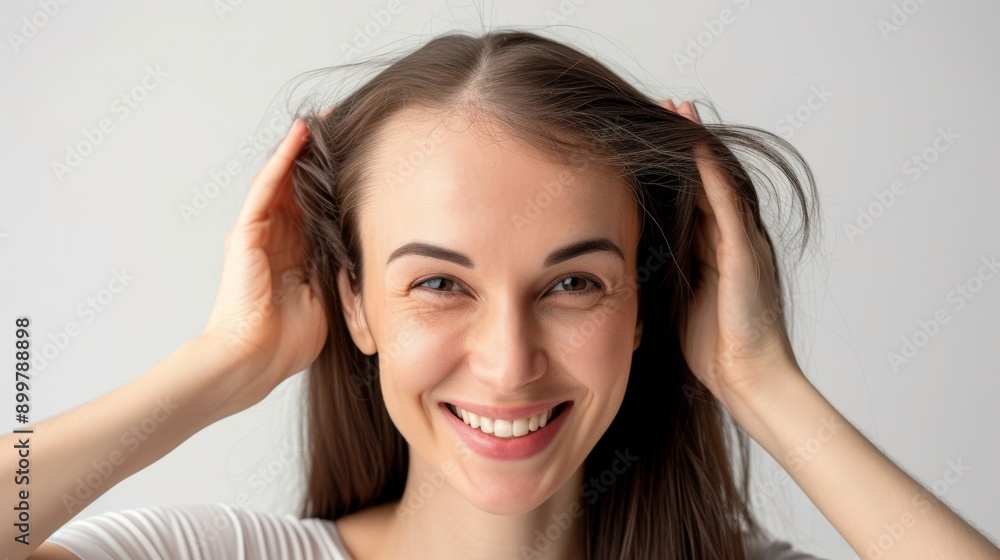 A young woman with long hair, smiling and touching her hair with both hands. The light and airy room enhances her cheerful and carefree demeanor, creating a sense of happiness and relaxation. A young woman with long hair, smiling and touching her hair with both hands. The light and airy room enhances her cheerful and carefree demeanor, creating a sense of happiness and relaxation.