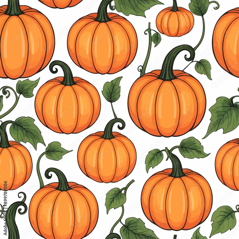 Autumn Pumpkin Pattern: Set of 12 Pumpkins with Green Leaves and Curly Stems Autumn Pumpkin Pattern: Set of 12 Pumpkins with Green Leaves and Curly Stems