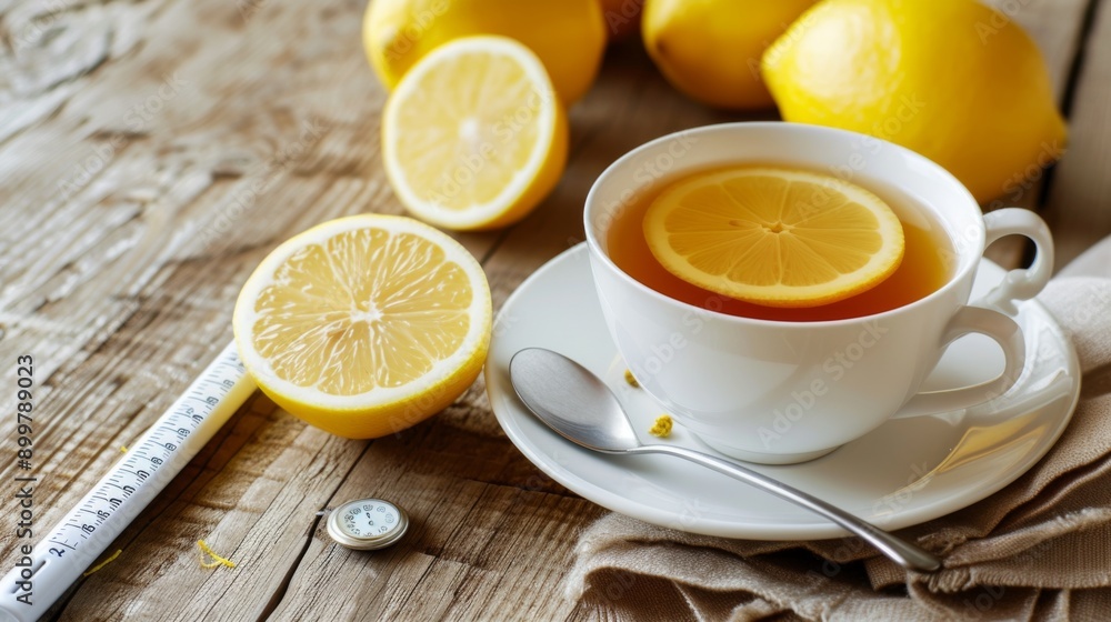 A cup of lemon tea with a thermometer beside it A cup of lemon tea with a thermometer beside it