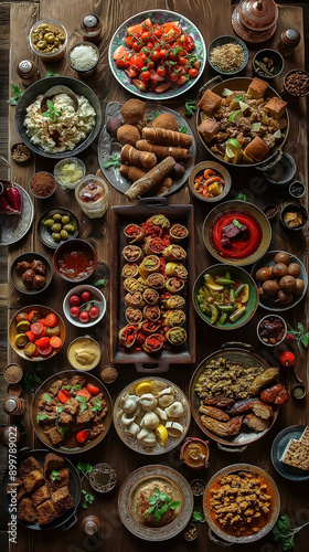 A table full of food in several different dishes. Top view of a set of various homemade meals