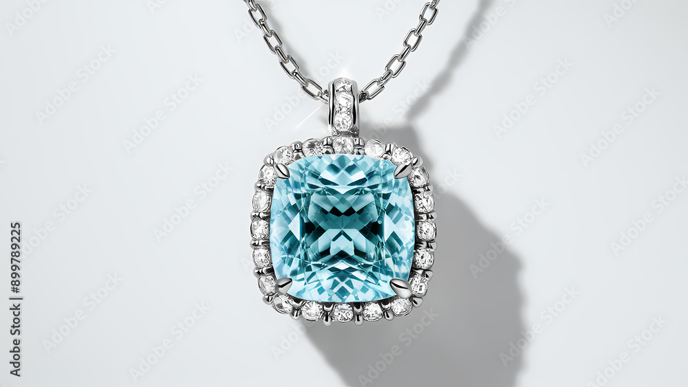 pendant set with a cushion-cut aquamarine at the center, accented by small diamonds in a sleek platinum setting, isolated on a white background. pendant set with a cushion-cut aquamarine at the center, accented by small diamonds in a sleek platinum setting, isolated on a white background.