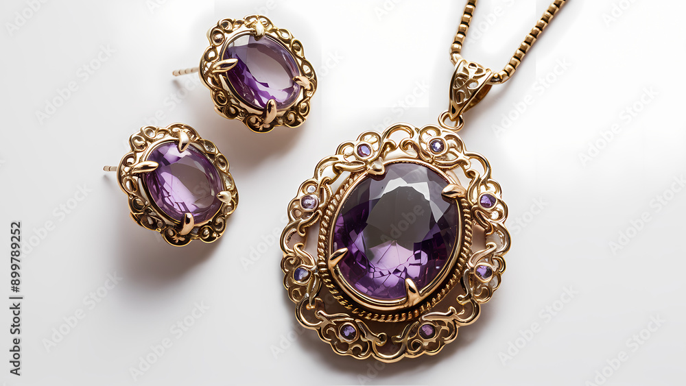 amethyst pendant surrounded by filigree gold work, accompanied by matching amethyst and gold earrings, earrings with diamonds amethyst pendant surrounded by filigree gold work, accompanied by matching amethyst and gold earrings, earrings with diamonds