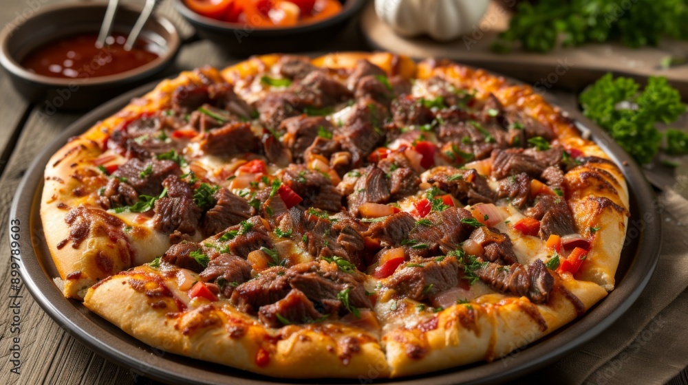 A delicious sliced beef pizza, neatly arranged on a plate, ready to be served A delicious sliced beef pizza, neatly arranged on a plate, ready to be served