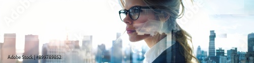 Double exposure businesswoman and skyscrapers city.