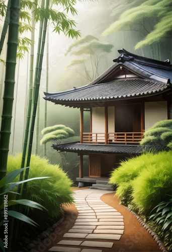 Asian-style garden pavilion with tiled walkway and bamboo fence, surrounded by lush greenery and misty forest