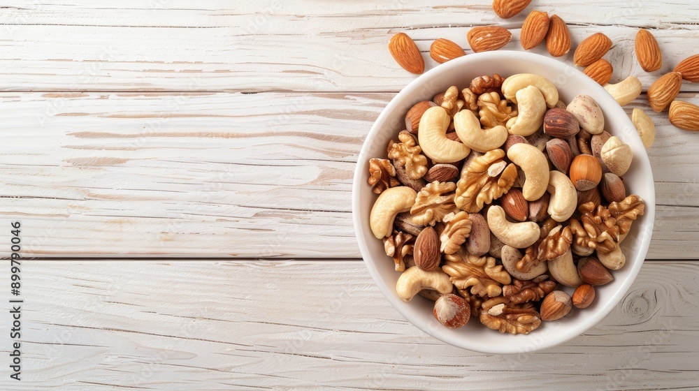 Mixed nuts in a white bowl on a light wooden table with space for text Almonds walnuts and cashews Image from stock photography Mixed nuts in a white bowl on a light wooden table with space for text Almonds walnuts and cashews Image from stock photography
